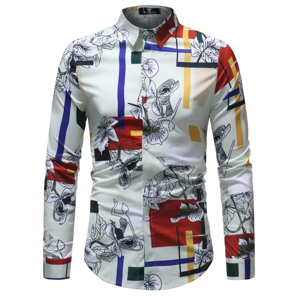 2018 Nova blagovna Znamka Modnih 3D Oblikovanje Tiskanje Mens Majica Mens Priložnostne Majice z Dolgimi Rokavi Slim Fit Cvetlični Mens Oblačila Plus Velikost 5XL 4