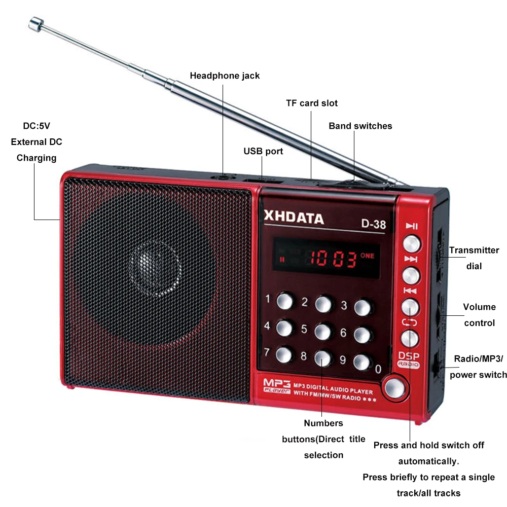 XHDATA D-38 Radio FM, MW SW Stereo MP3 Predvajalnik z Zaslonom Prenosni Črna, Rdeča zvočnik z USB Vhod za Polnjenje Žep radio 3