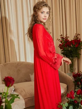 Vintage Rdeče Barve Žensk 2 Kosa Haljo Določa Dolg Rokav Royal Vezenine, Čipke Seksi More Nevesta Poročni Spanja Oblačilih 0