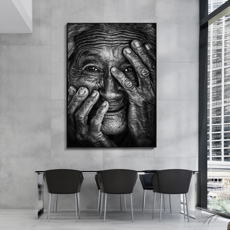 Črno-Beli Plakat Velika Velika Slika Stara Ženska, ki je Nagubana, Stenske Poslikave Sobi Doma Dekor Platno Sliko za Dom Design 3