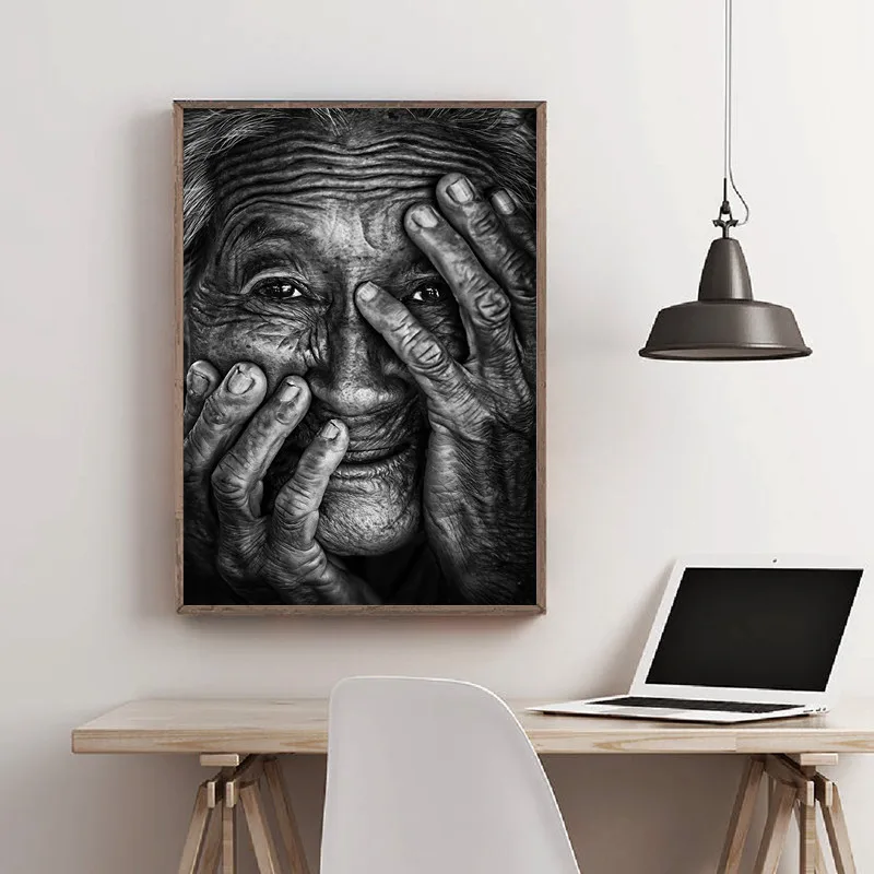 Črno-Beli Plakat Velika Velika Slika Stara Ženska, ki je Nagubana, Stenske Poslikave Sobi Doma Dekor Platno Sliko za Dom Design 4