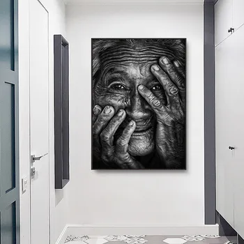 Črno-Beli Plakat Velika Velika Slika Stara Ženska, ki je Nagubana, Stenske Poslikave Sobi Doma Dekor Platno Sliko za Dom Design