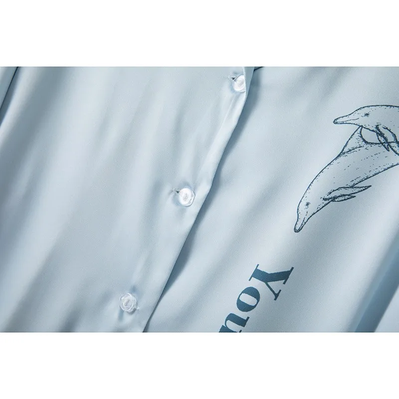 Sleepshirt Svetlo Modra Sleepwear Ženski Tisk Dolphin Nightgown Z Gumbi Nightdress Saten POLETJE Novo Kimono Obleke kopalni plašč 4