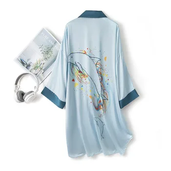 Sleepshirt Svetlo Modra Sleepwear Ženski Tisk Dolphin Nightgown Z Gumbi Nightdress Saten POLETJE Novo Kimono Obleke kopalni plašč 1
