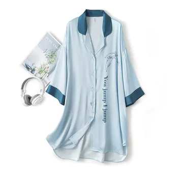 Sleepshirt Svetlo Modra Sleepwear Ženski Tisk Dolphin Nightgown Z Gumbi Nightdress Saten POLETJE Novo Kimono Obleke kopalni plašč 2