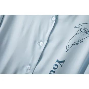 Sleepshirt Svetlo Modra Sleepwear Ženski Tisk Dolphin Nightgown Z Gumbi Nightdress Saten POLETJE Novo Kimono Obleke kopalni plašč 4