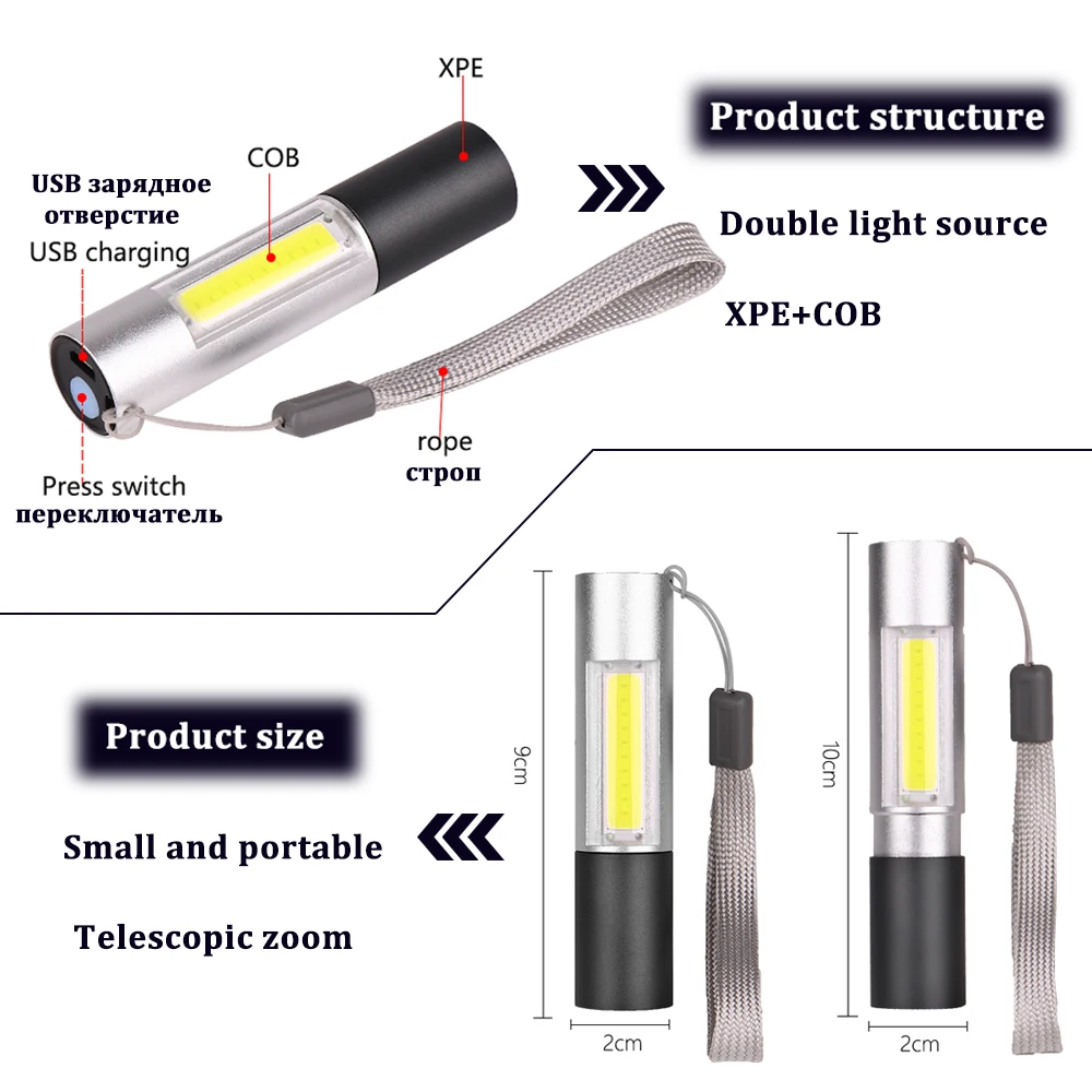 MINI LED svetilka USB za polnjenje z COB stranska svetloba baklo 3 načini podporo zoom prostem kampiranje svetlobe z brezplačno USB kabel 2