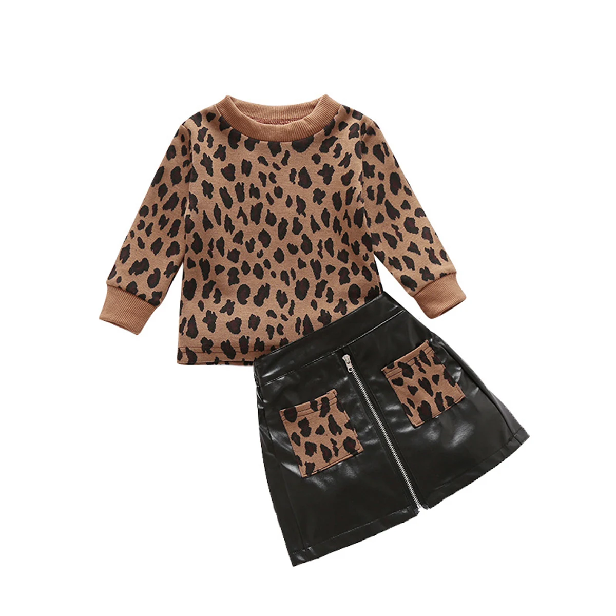 Fashhion Otrok Dekle Oblačila, Ki Malček Otroški Pulover Rjave Leopard Majica Hip Žep A-Line Krila Dekliška Oblačila 4
