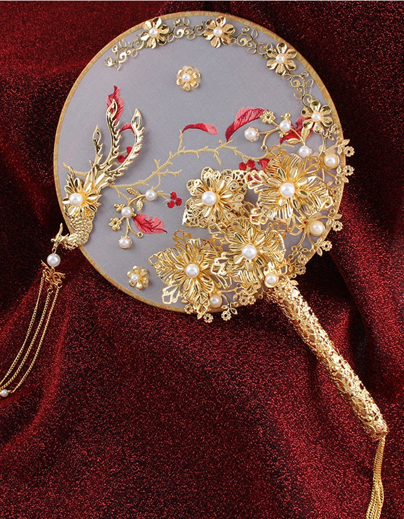 NiuShuya Luksuzni Kitajski Zlato Phoenix Poročne Fan Šopke Klasično Ročno Izdelan Kovinski Krog Strani Fan Poslovno Darilo, Poročni Dodatki 1