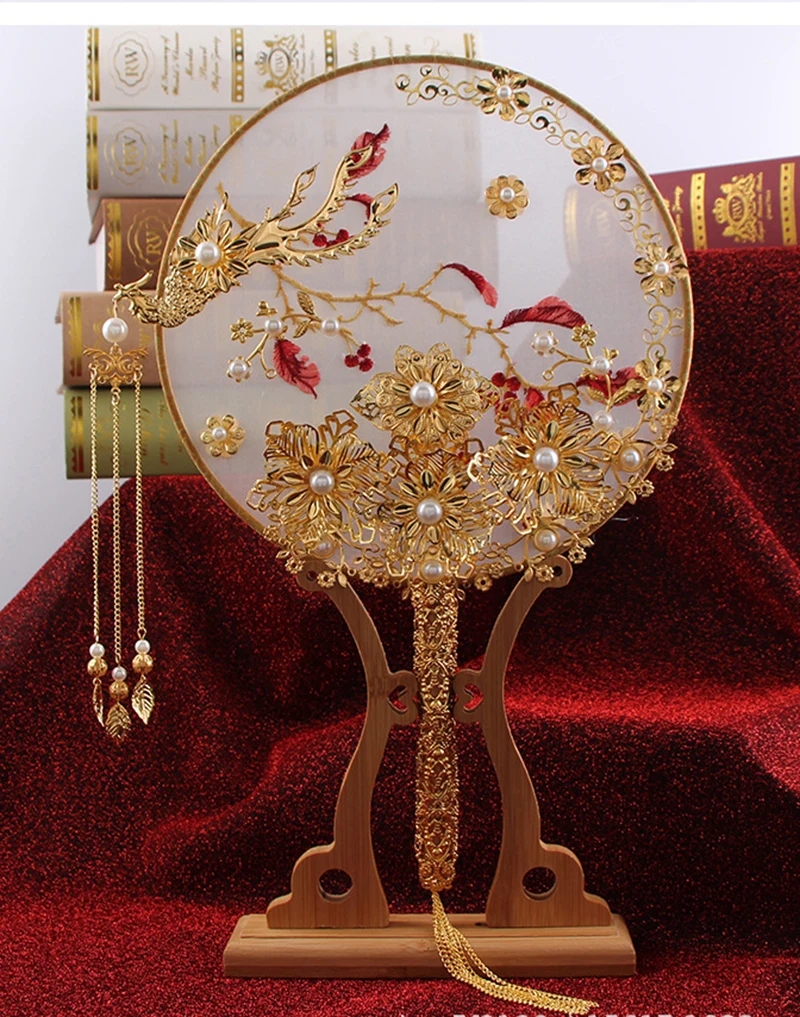 NiuShuya Luksuzni Kitajski Zlato Phoenix Poročne Fan Šopke Klasično Ročno Izdelan Kovinski Krog Strani Fan Poslovno Darilo, Poročni Dodatki 2