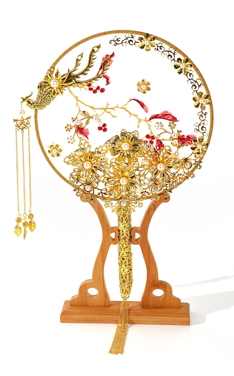 NiuShuya Luksuzni Kitajski Zlato Phoenix Poročne Fan Šopke Klasično Ročno Izdelan Kovinski Krog Strani Fan Poslovno Darilo, Poročni Dodatki 3