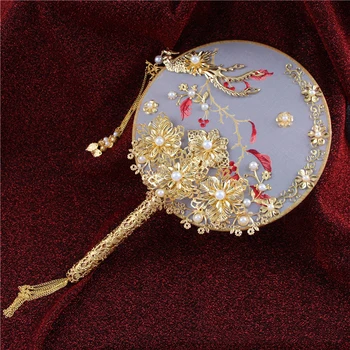 NiuShuya Luksuzni Kitajski Zlato Phoenix Poročne Fan Šopke Klasično Ročno Izdelan Kovinski Krog Strani Fan Poslovno Darilo, Poročni Dodatki 11235
