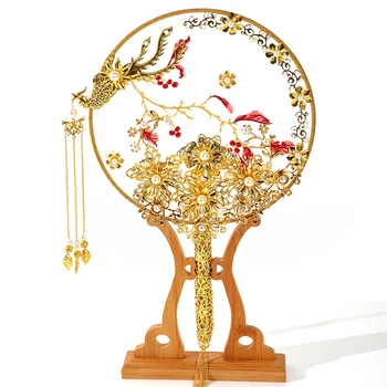 NiuShuya Luksuzni Kitajski Zlato Phoenix Poročne Fan Šopke Klasično Ročno Izdelan Kovinski Krog Strani Fan Poslovno Darilo, Poročni Dodatki 4