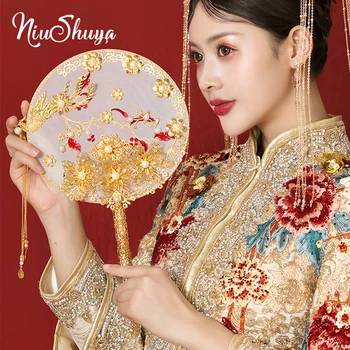 NiuShuya Luksuzni Kitajski Zlato Phoenix Poročne Fan Šopke Klasično Ročno Izdelan Kovinski Krog Strani Fan Poslovno Darilo, Poročni Dodatki 5