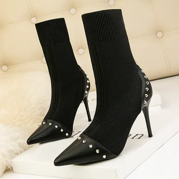 9 cm velikost 412020 kniting nogavic, kratkih škornji ženske gleženj odsek čevlji tankih visokih petah opozoril jeseni ženski čevlji botas mujer