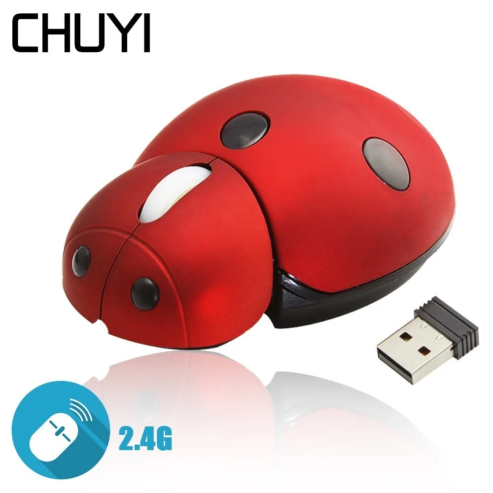 CHUYI Brezžična 2.4 G Mini Ladybug Miško Srčkan Usb 3000 DPI Laserski 3D Za Otroke Darilo Laptop Pc 4