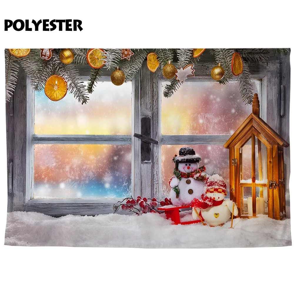 Funnytree božično ozadje sneg, snežak Lesena okna okraski vrata tople barve fotografije kulise steno-papir luči 4