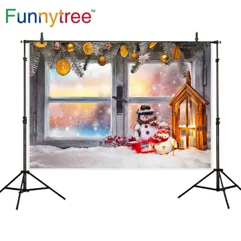 Funnytree božično ozadje sneg, snežak Lesena okna okraski vrata tople barve fotografije kulise steno-papir luči 0