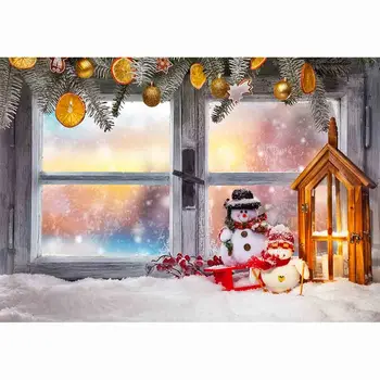 Funnytree božično ozadje sneg, snežak Lesena okna okraski vrata tople barve fotografije kulise steno-papir luči 3