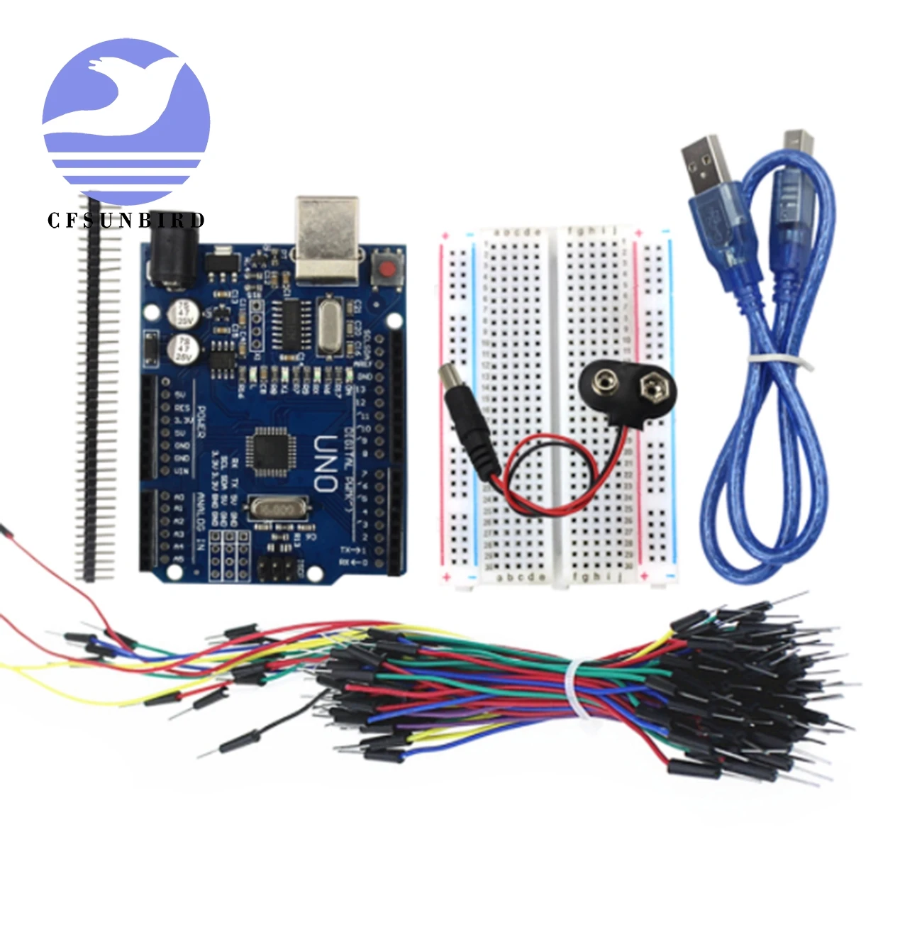 CFsunbird Starter Kit Uno R3 - Snop 5 Elementov: Uno R3, Breadboard, Skakalec Žice, USB Kabel in 9V Baterije Priključek 1