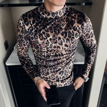 Visoka kakovost flannel majica s kratkimi rokavi moški jeseni, pozimi visok ovratnik slim Tesen T-shirt leopard moda za moške dolgo sleeved priložnostne T-shir