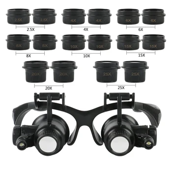 Glavo Očala Lupa Z LED Luči 2.5 X 4X 6X 8X 10X 15X 20X 25X Povečevalno Steklo Za Watchmaker Nakit Optični 2
