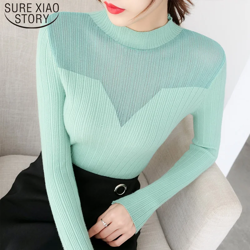 2021 Pomlad Jesen Slim korejski Turtleneck pulover Potegnite Ženske Zimske Očesa Vrhovi Skakalec Votlih Pletene Elastične Pulover Femme 0
