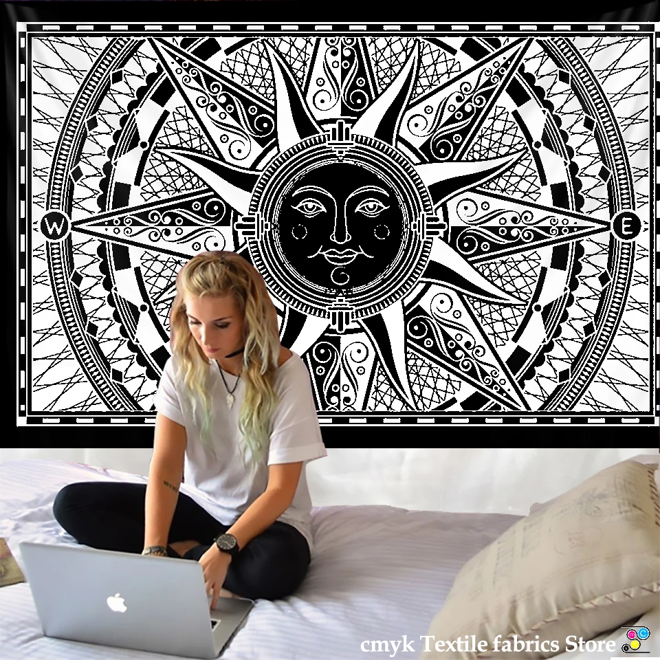 Mandala Tapiserija, Čarovnice Steni Visi Boho-dekor Astrologija Sonce Odejo Belo Black Sun Moon Mandala Ročno Pranje Tkanin, Natisnjen 2