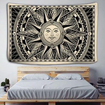 Mandala Tapiserija, Čarovnice Steni Visi Boho-dekor Astrologija Sonce Odejo Belo Black Sun Moon Mandala Ročno Pranje Tkanin, Natisnjen 3
