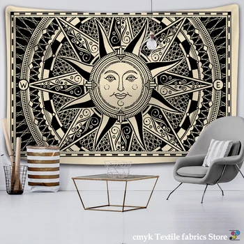 Mandala Tapiserija, Čarovnice Steni Visi Boho-dekor Astrologija Sonce Odejo Belo Black Sun Moon Mandala Ročno Pranje Tkanin, Natisnjen 4