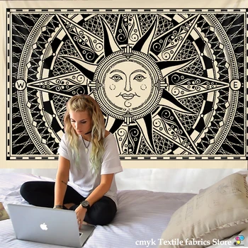 Mandala Tapiserija, Čarovnice Steni Visi Boho-dekor Astrologija Sonce Odejo Belo Black Sun Moon Mandala Ročno Pranje Tkanin, Natisnjen 5