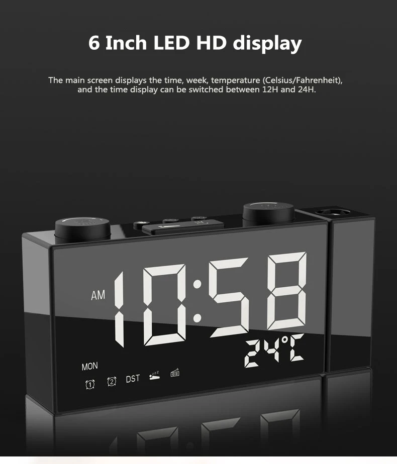 LED Projekcija Ura Digitalna Budilka S Snooze Funkcijo Termometer Od 87,5-108 MHz, FM Radio, USB/Batterys Moč 5