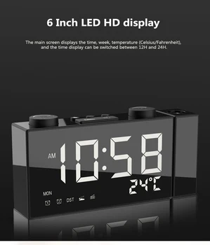 LED Projekcija Ura Digitalna Budilka S Snooze Funkcijo Termometer Od 87,5-108 MHz, FM Radio, USB/Batterys Moč 5