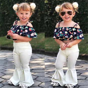 Stilsko Otroci Priložnostne Baby Dekleta Ruffles Off Ramenski Telovnik Crop Tops In Rakete Hlače 2pcs Obleke Otrok Dekle Oblačila, ki 0