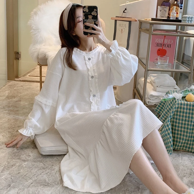 Korejski Svoboden Dolg Rokav Bombaž Nightgowns za Ženske 2021 Pomlad Jesen Sleepwear Femme Doma Obleko Noč Obleke Nightdress Nighty 1
