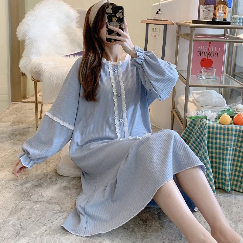 Korejski Svoboden Dolg Rokav Bombaž Nightgowns za Ženske 2021 Pomlad Jesen Sleepwear Femme Doma Obleko Noč Obleke Nightdress Nighty 3
