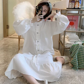 Korejski Svoboden Dolg Rokav Bombaž Nightgowns za Ženske 2021 Pomlad Jesen Sleepwear Femme Doma Obleko Noč Obleke Nightdress Nighty 4