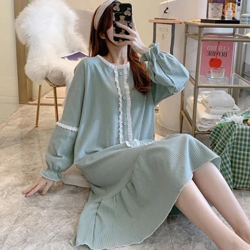 Korejski Svoboden Dolg Rokav Bombaž Nightgowns za Ženske 2021 Pomlad Jesen Sleepwear Femme Doma Obleko Noč Obleke Nightdress Nighty 5