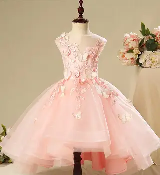 Elegantno Roza Čipke Dekleta Pageant Obleko Appliques Roža Punca Obleke za Poroko Otroci Prvem Obhajilu, Obleke za Stranko Princesa 3