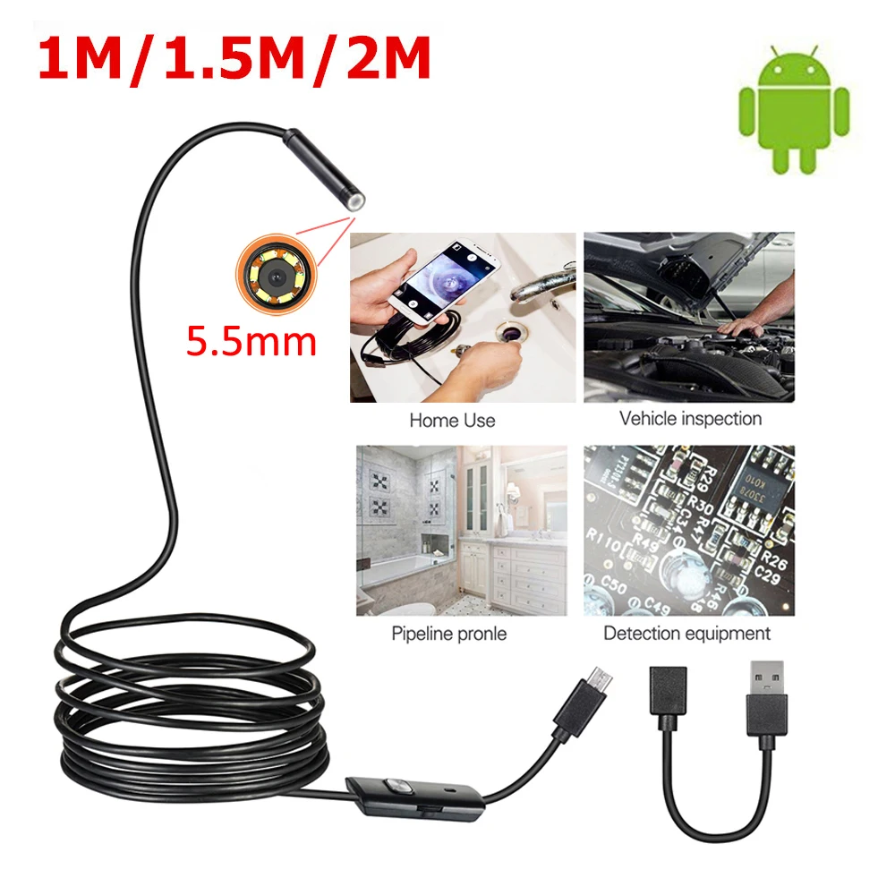 5.5 mm 2m Android Endoskop Fotoaparat IP67 Nepremočljiva Podporo OTG&UVC Pametni HD Kača Mini Usb-Endoskop Za Avto/PCBDetection 5