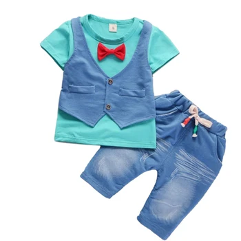 Poletje obrabe, otroška oblačila novi fant ponaredek dve lok kravato telovnik T-majica + hlače dva-delni set 2