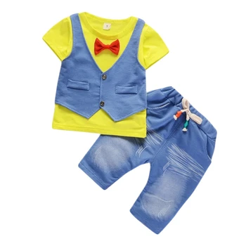 Poletje obrabe, otroška oblačila novi fant ponaredek dve lok kravato telovnik T-majica + hlače dva-delni set 4