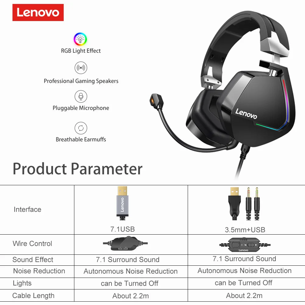 Lenovo Gaming Slušalke Žične Slušalke Surround Zvok RGB Barvne Svetlobe, Globok bas v uho z Mic za Prenosni RAČUNALNIK Gamer Slušalke 3