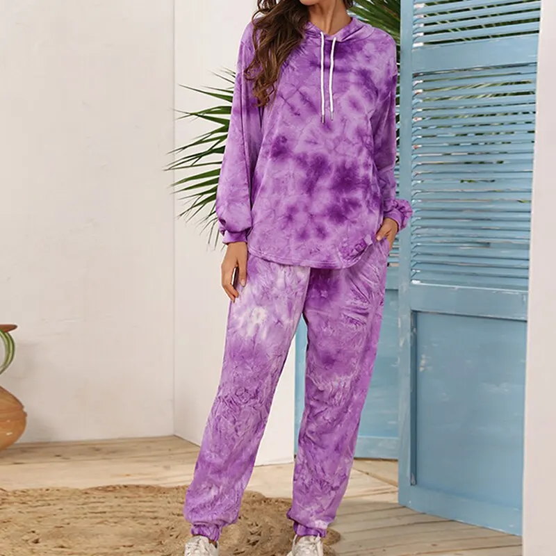 Tie Dye Ženske Jeseni Pižamo Nastavite Long Sleeve Hooded Vrhovi in Dolge hlače pijamas feminino More Priložnostne Sleepwear 3