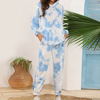 Tie Dye Ženske Jeseni Pižamo Nastavite Long Sleeve Hooded Vrhovi in Dolge hlače pijamas feminino More Priložnostne Sleepwear 0