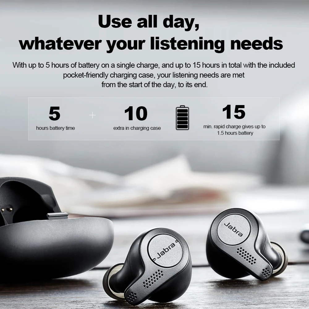 Jabra Elite 65t Bluetooth Čepkov TWS Aktivno zmanjševanje hrupa Slušalke s Polnjenjem Primeru 3