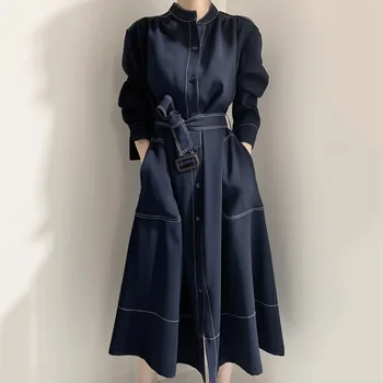 Vintage Elegantne Ženske Maxi Bodycon Obleko Modne Urad Dama Trdno Linijo Jarek Elegancija Obleke Korejski Vestidos Jeseni 0