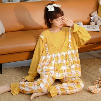 ženske pižame nastavite 2021 pomlad Jesen Priložnostne Homewear Ženski risanka Pižame Bombaž Svoboden Sleepwear Nastavite Dolg Rokav Pijama mujer 3
