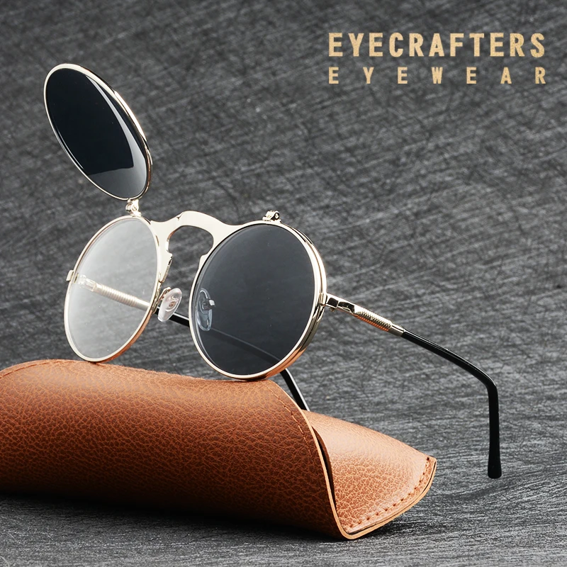 EYECRAFTERS Moda Flip Up Objektiv Steampunk Vintage Retro Slogu Okrogla sončna Očala, Vzmetne Noge Elektronske Dvojno Objektiv Eyewaer 2