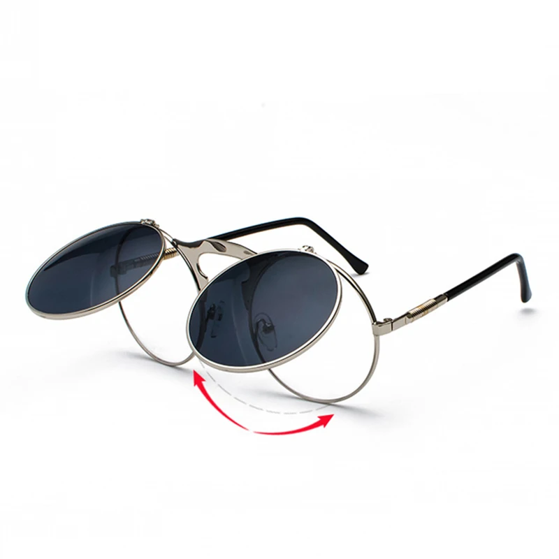 EYECRAFTERS Moda Flip Up Objektiv Steampunk Vintage Retro Slogu Okrogla sončna Očala, Vzmetne Noge Elektronske Dvojno Objektiv Eyewaer 3